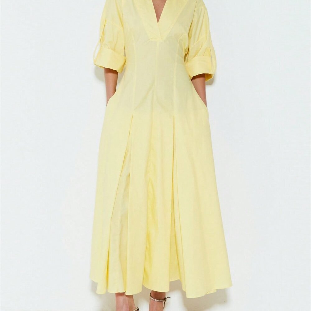 Yellow Elegant Women's V-Neck Long Sleeve Flared Hem Chic Maxi Dress - Picture 2 of 4